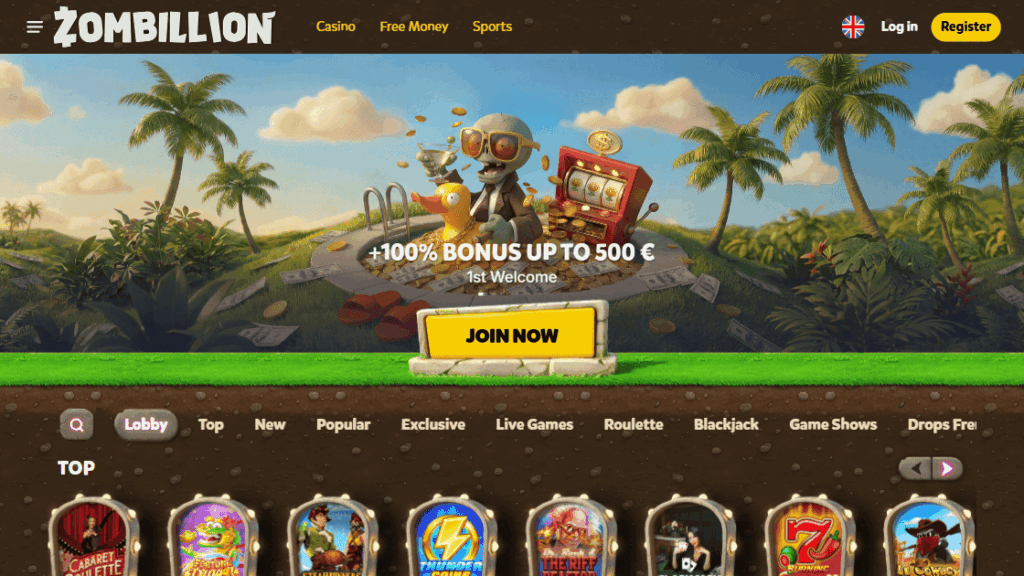 zombillion casino nederland screenshot van homepage